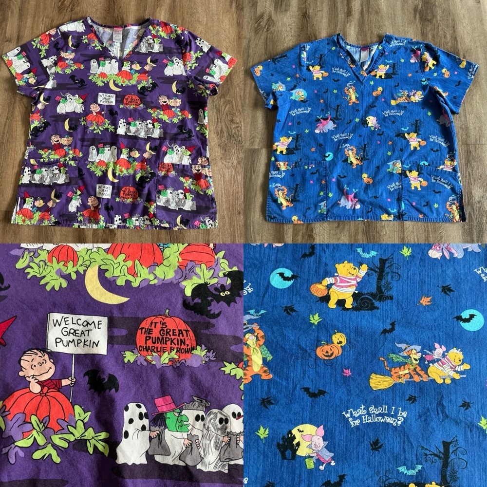 Halloween Scrub Top Lot Size XL Pooh Snoopy Peanuts Great Pumpkin Disney Unisex - Picture 1 of 16